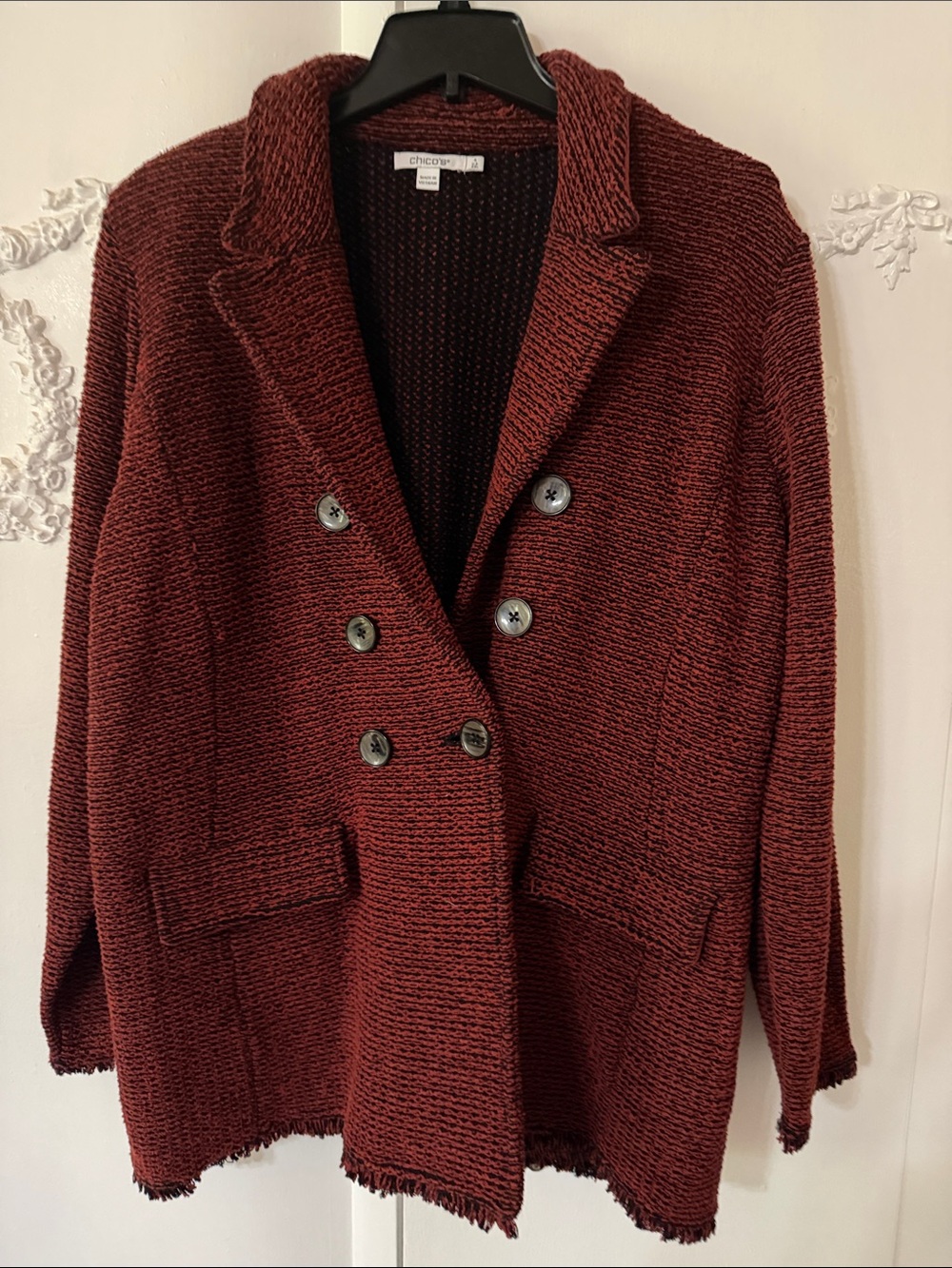 Chico's Brick Red-Black  Double-Breasted Knit Blazer Cardigan SZ 4. (18-20)